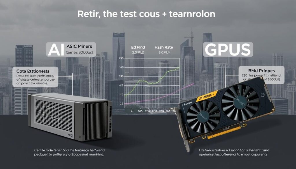 A detailed technical illustration comparing the key features and capabilities of ASIC miners and GPUs for cryptocurrency mining. In the foreground, a sleek ASIC miner and a high-end GPU are prominently displayed, showcasing their distinct hardware designs. In the middle ground, a side-by-side performance analysis chart highlights the efficiency, hash rate, and power consumption differences. The background features a cityscape with towering data centers, representing the large-scale cryptocurrency mining infrastructure. The image has a clean, sophisticated aesthetic with muted colors, strong shadows, and precise technical details to aid in the comprehensive understanding of the subject matter.