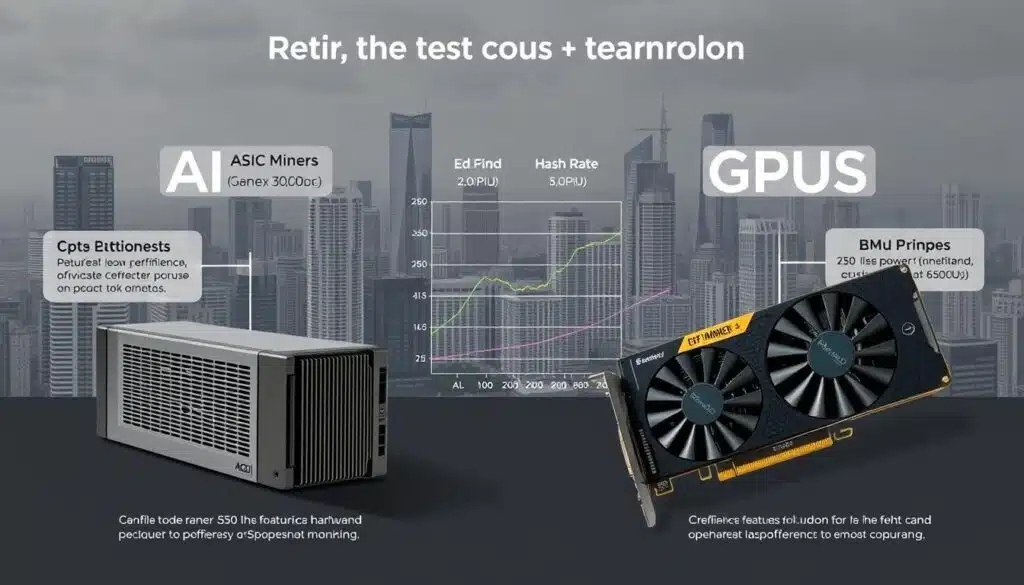 A detailed technical illustration comparing the key features and capabilities of ASIC miners and GPUs for cryptocurrency mining. In the foreground, a sleek ASIC miner and a high-end GPU are prominently displayed, showcasing their distinct hardware designs. In the middle ground, a side-by-side performance analysis chart highlights the efficiency, hash rate, and power consumption differences. The background features a cityscape with towering data centers, representing the large-scale cryptocurrency mining infrastructure. The image has a clean, sophisticated aesthetic with muted colors, strong shadows, and precise technical details to aid in the comprehensive understanding of the subject matter. A detailed technical illustration comparing the key features and capabilities of ASIC miners and GPUs for cryptocurrency mining. In the foreground, a sleek ASIC miner and a high-end GPU are prominently displayed, showcasing their distinct hardware designs. In the middle ground, a side-by-side performance analysis chart highlights the efficiency, hash rate, and power consumption differences. The background features a cityscape with towering data centers, representing the large-scale cryptocurrency mining infrastructure. The image has a clean, sophisticated aesthetic with muted colors, strong shadows, and precise technical details to aid in the comprehensive understanding of the subject matter.