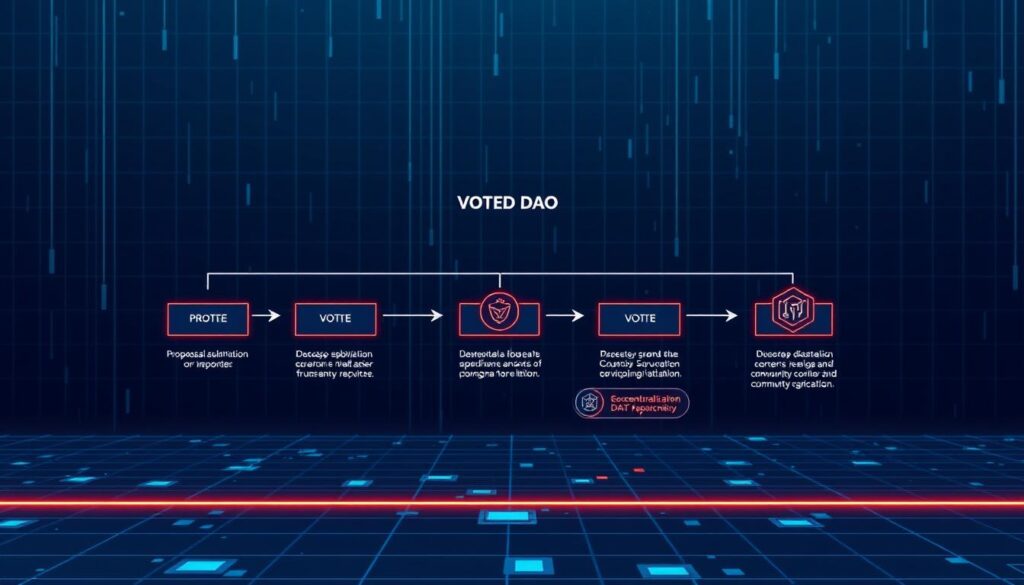 A detailed, technical illustration of a DAO voting process flow. In the foreground, a clear step-by-step diagram depicting the key stages of the voting mechanism, such as proposal submission, discussion, voting, and result tallying. The middle ground features stylized icons and data visualizations highlighting DAO governance principles like decentralization, transparency, and community participation. In the background, a blockchain-inspired grid pattern with subtle neon highlights, creating a futuristic, high-tech atmosphere. Rendered in a clean, minimalist style with a cool color palette, the image conveys the sophisticated, technological nature of DAO decision-making.