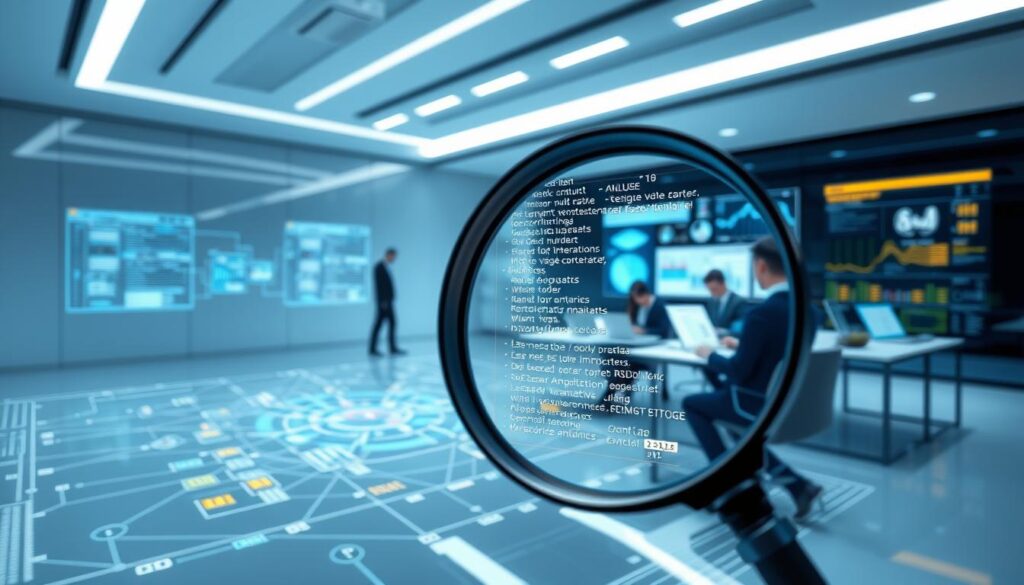 A detailed, technical illustration of a smart contract audit methodology. In the foreground, a magnifying glass hovers over a blockchain network diagram, highlighting lines of code and security vulnerabilities. In the middle ground, a team of analysts meticulously reviews audit reports and documentation. The background depicts a sleek, minimalist workspace with holographic interfaces and displays showcasing data analytics. The lighting is crisp and modern, with a cool, professional tone. The camera angle is slightly elevated, conveying a sense of comprehensive oversight and analysis.