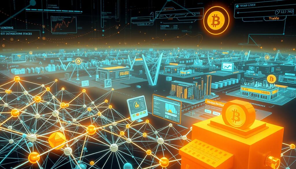 A detailed, technical illustration of blockchain technology powering decentralized finance (DeFi) protocols. In the foreground, a complex network of blockchain nodes and cryptographic transactions, rendered in a sleek, futuristic style with a cool color palette. In the middle ground, various DeFi applications like lending, borrowing, and trading, visualized as intuitive user interfaces. In the background, a panoramic view of the broader DeFi ecosystem, including decentralized exchanges, stablecoins, and yield farming mechanisms, all connected by the underlying blockchain infrastructure. The scene is illuminated by a warm, diffused lighting, creating a sense of depth and emphasizing the interconnectedness of the DeFi system. The overall mood is one of innovation, efficiency, and technological sophistication.
