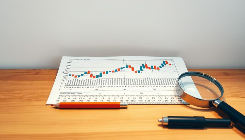 A detailed, technical still-life illustration of the core components that make up a traditional candlestick chart used in financial analysis. The frame is centered on a wooden desk or countertop, with a neutral, evenly-lit backdrop. In the foreground, the main elements are arranged with careful precision - an open candlestick chart, a ruler, a pencil, and a magnifying glass. The candlestick chart features distinct candlestick formations, including bullish and bearish candlesticks, as well as technical indicators like moving averages. The lighting is soft and diffuse, creating depth and highlighting the textures of the materials. The overall mood is one of analytical focus and attention to detail, reflecting the educational nature of the subject matter.