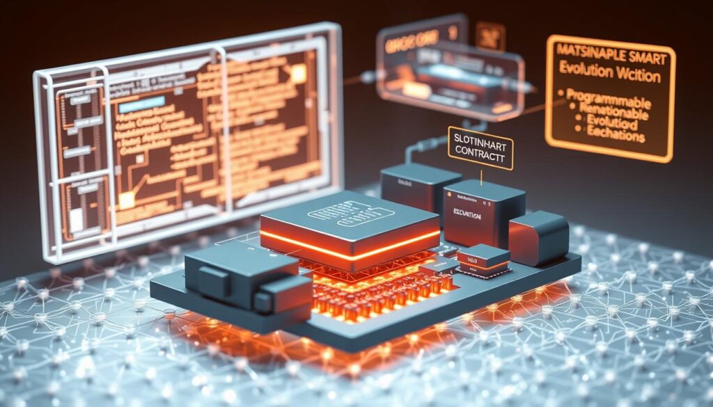 A detailed, three-dimensional illustration of a smart contract architecture, showcasing its core components and principles. The foreground depicts a central smart contract, surrounded by interconnected modules representing data storage, event handling, and code execution. The middle ground features a grid-like network of blockchain nodes, symbolizing the distributed infrastructure. In the background, a glowing, holographic display visualizes the programmable metadata evolution mechanisms, creating a sense of dynamic, technological elegance. The scene is illuminated by a warm, soft light, casting subtle shadows and highlighting the intricate details of the system. The overall composition conveys a sense of balance, efficiency, and the seamless integration of the various elements that comprise a dynamic NFT smart contract.
