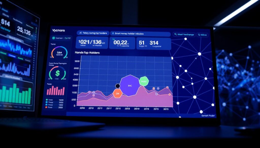 A detailed visualization of cryptocurrency holder distribution and smart money trends. In the foreground, a sleek dashboard displaying dynamic charts and metrics, illuminated by soft, directional lighting. In the middle ground, a stylized graph showing the concentration of tokens in the hands of top holders, with distinct clusters representing different investor profiles. In the background, a network of interconnected nodes and lines, visualizing the flow of capital between wallets and exchanges, conveying the complex ecosystem dynamics. The overall scene has a polished, analytical aesthetic, reflecting the data-driven insights essential for informed cryptocurrency investment decisions.