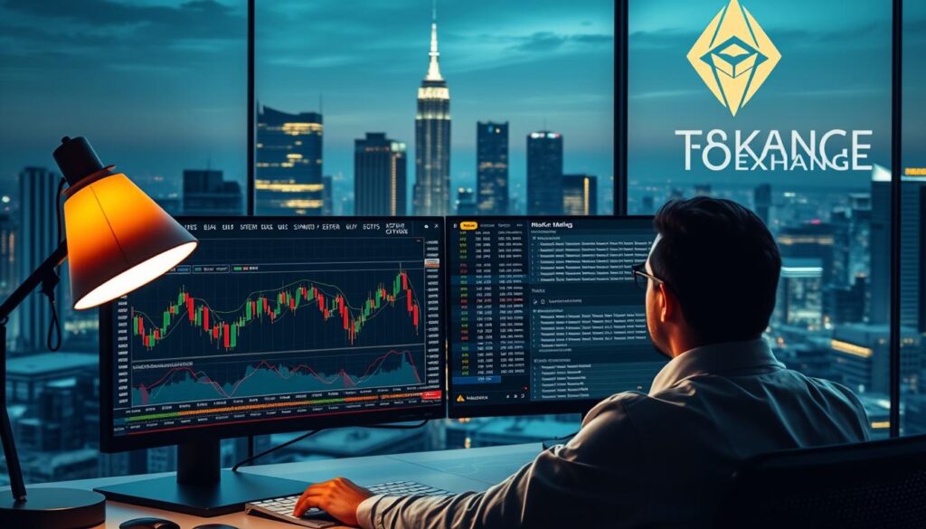 A detailed visualization of risk management strategies in crypto market making. In the foreground, a broker reviewing charts and graphs on a computer screen, analyzing market trends and volatility. In the middle ground, a trading interface displaying order books, bid-ask spreads, and risk parameters. In the background, a cityscape with skyscrapers and a cryptocurrency exchange logo, representing the larger financial ecosystem. Lighting is a combination of warm desk lamps and cool, ambient overhead lighting. The composition suggests a professional, analytical approach to managing risks in the dynamic crypto markets.