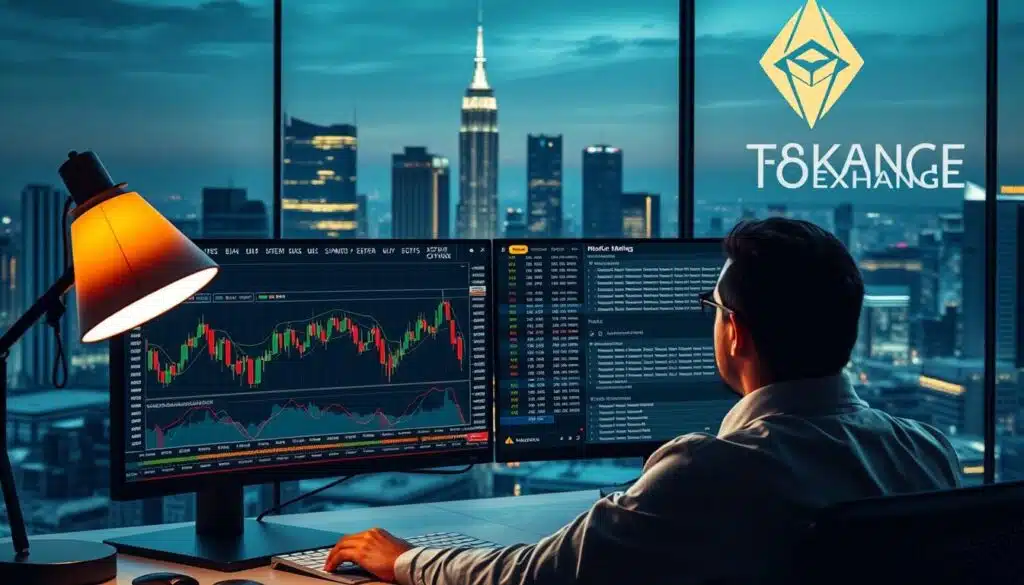 A detailed visualization of risk management strategies in crypto market making. In the foreground, a broker reviewing charts and graphs on a computer screen, analyzing market trends and volatility. In the middle ground, a trading interface displaying order books, bid-ask spreads, and risk parameters. In the background, a cityscape with skyscrapers and a cryptocurrency exchange logo, representing the larger financial ecosystem. Lighting is a combination of warm desk lamps and cool, ambient overhead lighting. The composition suggests a professional, analytical approach to managing risks in the dynamic crypto markets.