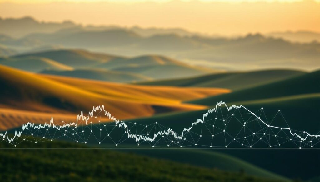 A detailed visualization of the cyclical nature of the crypto market, showcased against a serene backdrop of a gently rolling landscape. In the foreground, a representation of the market's price movements, conveyed through a dynamic line graph, its peaks and troughs mirroring the ebb and flow of investor sentiment. The middle ground features a subtle network of interconnected nodes, symbolizing the complex web of digital assets and their relationships. In the distance, a horizon painted with a warm, golden glow, suggesting the promise of a new bull run on the horizon. Soft, diffused lighting illuminates the scene, creating a sense of contemplation and understanding. Captured through a wide-angle lens, the image offers a comprehensive perspective on the ever-evolving crypto market landscape.