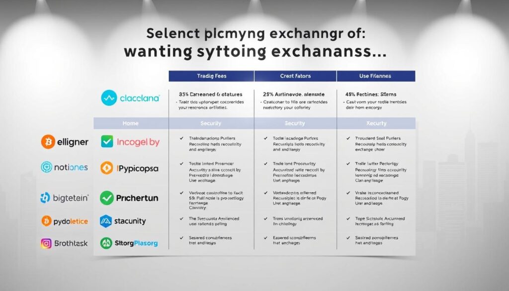 A detailed, well-lit comparison of leading crypto exchange platforms, presented in a clean, professional manner. The foreground showcases the platforms' logos and names arranged in a grid, with clear distinctions between each offering. The middle ground highlights key features and metrics, such as trading fees, security measures, and user-friendliness, allowing for an at-a-glance evaluation. The background depicts a minimalist cityscape, conveying the platforms' global reach and the digital landscape of the cryptocurrency market. The overall composition and lighting create a sense of authority and trustworthiness, guiding the viewer towards making an informed decision when selecting the right crypto exchange.
