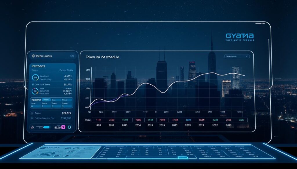 A detailed, wide-angle shot of a sleek, futuristic crypto token unlock schedule dashboard. The foreground features a minimalist, holographic-style interface with interactive data visualizations, clean lines, and a soothing blue-and-white color palette. The middle ground showcases a large, high-resolution graph depicting token unlock timelines, represented by smooth, animated curves. In the background, a dark, moody cityscape with towering skyscrapers and a starry night sky, conveying a sense of technological advancement and market volatility. Soft, directional lighting illuminates the scene, creating depth and drama. The overall mood is one of clarity, precision, and real-time market visibility.