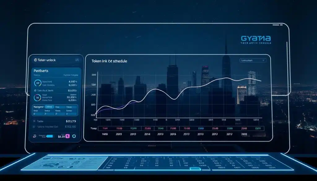 A detailed, wide-angle shot of a sleek, futuristic crypto token unlock schedule dashboard. The foreground features a minimalist, holographic-style interface with interactive data visualizations, clean lines, and a soothing blue-and-white color palette. The middle ground showcases a large, high-resolution graph depicting token unlock timelines, represented by smooth, animated curves. In the background, a dark, moody cityscape with towering skyscrapers and a starry night sky, conveying a sense of technological advancement and market volatility. Soft, directional lighting illuminates the scene, creating depth and drama. The overall mood is one of clarity, precision, and real-time market visibility.