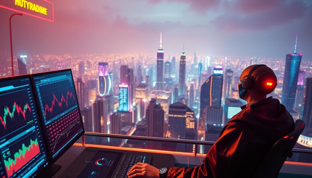 A digital cityscape illuminated by the glow of neon lights, reflecting the benefits of automated trading. In the foreground, a futuristic trading terminal displays real-time data and analytics, operated by a CRYPTOMAXIMAL AI assistant. The middle ground showcases vibrant charts and graphs, illustrating the efficiency and performance of the automated trading system. In the background, a bustling metropolis stretches out, symbolizing the scale and global reach of the CRYPTOMAXIMAL platform. The scene is captured with a cinematic wide-angle lens, bathed in a warm, futuristic atmosphere, highlighting the power and potential of AI-driven crypto trading.