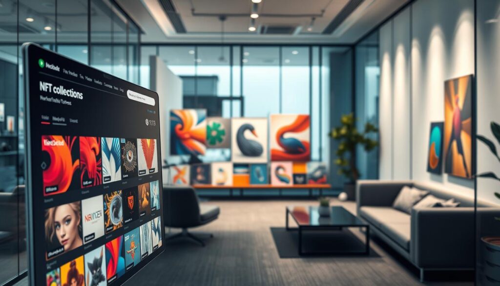 A digital marketplace for non-fungible tokens, showcasing a variety of digital artwork and collectibles. The foreground features a clean, intuitive user interface with curated NFT collections, while the middle ground displays various artistic styles, from vibrant abstract pieces to photorealistic digital paintings. In the background, a sleek and modern office environment with glass walls and minimalist furniture sets the tone for a professional, high-tech atmosphere. Soft, directional lighting illuminates the scene, creating depth and a sense of atmosphere. The overall mood is one of innovation, creativity, and the exciting potential of the emerging NFT market.