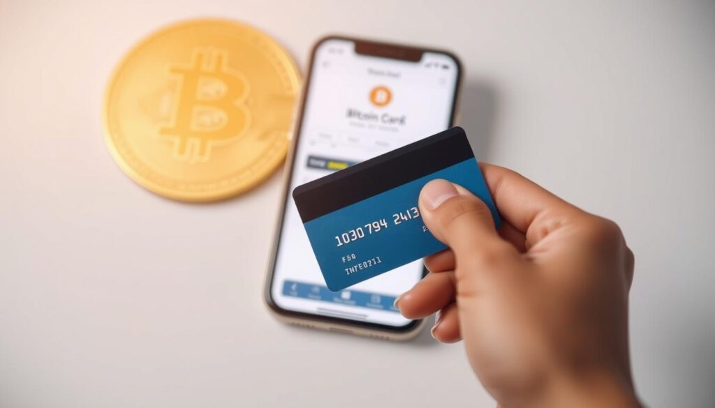 A digital wallet interface on a smartphone screen, with a crisp, clean design. In the foreground, a hand holding a credit card is prominently displayed, indicating the action of making a purchase. The background features a subtle bitcoin logo or symbol, conveying the cryptocurrency theme. The lighting is soft and natural, creating a sense of professionalism and trustworthiness. The composition is balanced, with the wallet interface and credit card taking up the majority of the frame, filling the image with the key elements. The overall mood is one of security, simplicity, and ease of use, reflecting the section title "How to buy Bitcoin with credit card safely and securely".