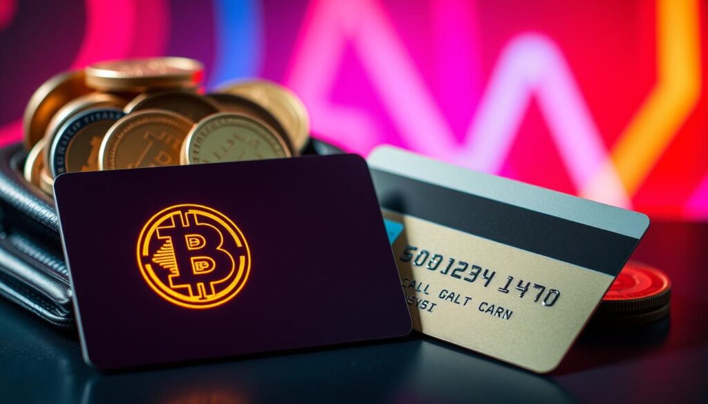 A digital wallet overflows with cryptocurrency coins, juxtaposed against a traditional credit card. In the foreground, a sleek, modern crypto debit card glows with a metallic sheen, its emblem pulsing with digital energy. The middle ground features a classic plastic credit card, its magnetic strip and embossed numbers a relic of the analog era. The background blends futuristic neon gradients, hinting at the convergence of traditional finance and blockchain technology. Warm lighting from the side casts dynamic shadows, creating depth and emphasis on the contrasting payment methods. A sense of progress and innovation permeates the scene, inviting the viewer to consider the evolution of personal finance.