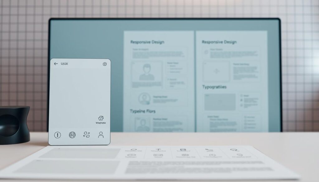 A digital workspace showcasing key UI/UX design principles. In the foreground, a clean and minimalist interface layout with intuitive icons, well-spaced elements, and a harmonious color palette. In the middle ground, a series of wireframe sketches demonstrating responsive design, typography guidelines, and user interaction flows. The background features a subtle grid pattern and soft lighting, creating a sense of depth and professionalism. The overall composition conveys a modern, user-centric approach to digital interface design.