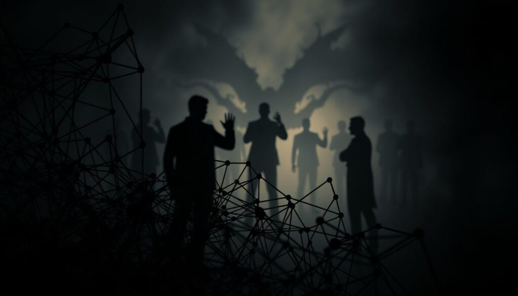 A dimly lit, abstract scene depicting the challenges and risks inherent in governance token models within DeFi protocols. In the foreground, a tangled web of interconnected nodes and lines, symbolizing the complex network of stakeholders, voting rights, and power dynamics. In the middle ground, faint silhouettes of figures engaged in heated debate, their gestures conveying the tension and uncertainty. The background is shrouded in a hazy, ominous atmosphere, with ominous shadows and distorted shapes hinting at the potential pitfalls and unintended consequences of these token-based governance structures. The overall mood is one of unease and trepidation, underscoring the delicate balance and high-stakes nature of governing decentralized financial systems.