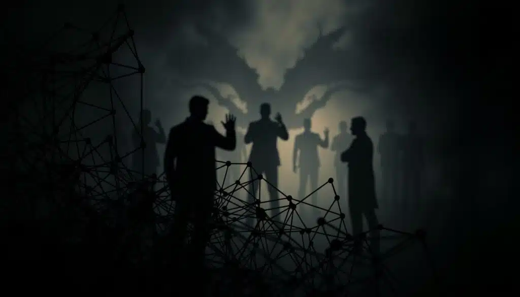 A dimly lit, abstract scene depicting the challenges and risks inherent in governance token models within DeFi protocols. In the foreground, a tangled web of interconnected nodes and lines, symbolizing the complex network of stakeholders, voting rights, and power dynamics. In the middle ground, faint silhouettes of figures engaged in heated debate, their gestures conveying the tension and uncertainty. The background is shrouded in a hazy, ominous atmosphere, with ominous shadows and distorted shapes hinting at the potential pitfalls and unintended consequences of these token-based governance structures. The overall mood is one of unease and trepidation, underscoring the delicate balance and high-stakes nature of governing decentralized financial systems.