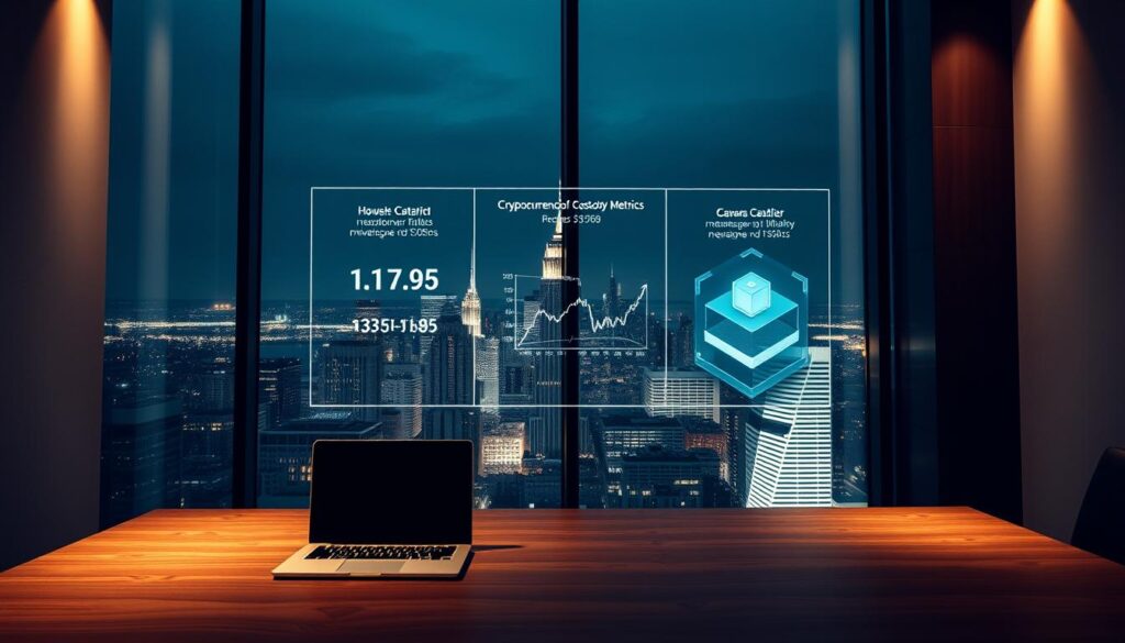 A dimly lit corporate office with a large window overlooking a bustling city skyline. In the foreground, a wooden desk with a laptop and documents, symbolizing the secure management of digital assets. The middle ground features a holographic display projecting key cryptocurrency custody metrics, highlighting the importance of institutional-grade safeguards. The background showcases the city's financial district, underscoring the integration of crypto within the traditional financial ecosystem. Soft, warm lighting creates a sense of professionalism and trust, while the angular architectural details convey a modern, innovative atmosphere.