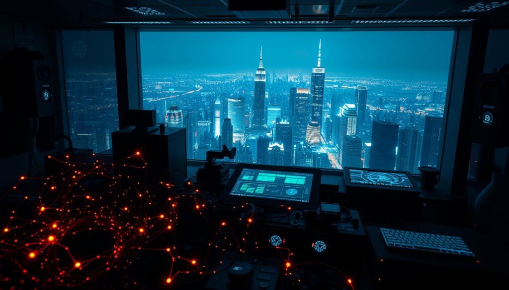 A dimly lit financial laboratory, bathed in the glow of holographic displays. In the foreground, a tangle of blockchain nodes and smart contracts, pulsing with the energy of yield farming transactions. In the middle ground, a cluster of digital wallets and DeFi protocols, their interfaces shimmering with data visualizations. In the background, a panoramic view of a futuristic cityscape, its towering skyscrapers and neon-lit streets a testament to the power of decentralized finance. The scene is imbued with a sense of quiet intensity, as the mechanisms of passive income generation hum with seamless efficiency, a testament to the transformative potential of yield farming.
