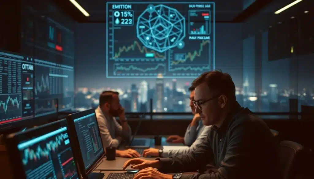A dimly lit financial trading floor, illuminated by the soft glow of computer screens. In the foreground, a group of investors carefully analyze market data, their expressions thoughtful and measured. In the middle ground, a holographic display projects intricate charts and graphs, highlighting emerging trends and volatility. The background is a panoramic view of a futuristic city skyline, hinting at the broader economic landscape. The atmosphere is one of cautious optimism, as the investors navigate the complexities of a volatile market with a risk-first strategy, seeking to capitalize on emerging opportunities while mitigating potential downside. The image conveys the challenges and considerations facing U.S. investors in 2025's turbulent cryptocurrency market.