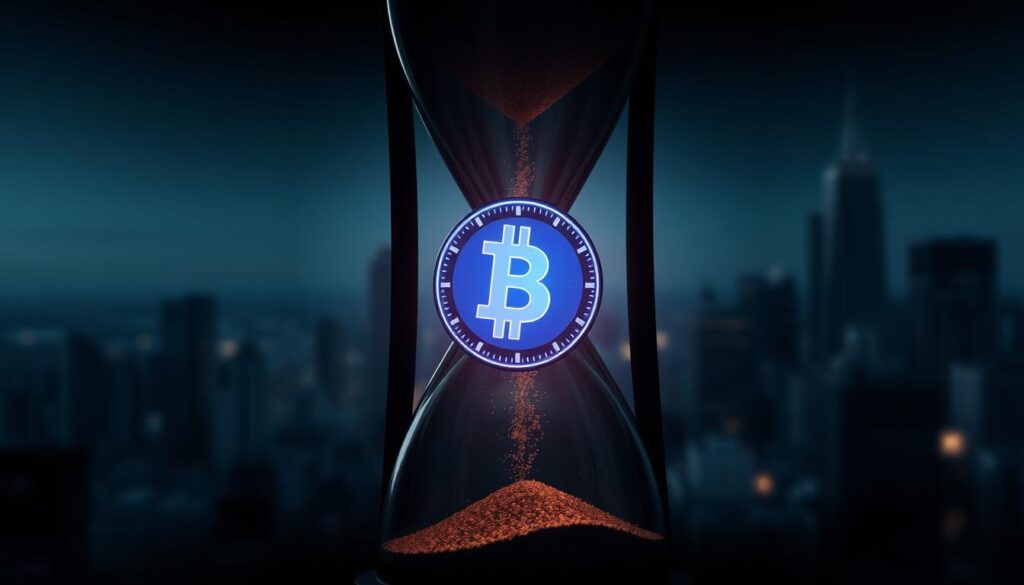 A dimly lit, high-contrast rendering of an hourglass, the sands of time cascading downwards, casting elongated shadows. In the foreground, a digital cryptocurrency token floating and pulsing with an ethereal glow, representing the token's vesting period. The background is a blurred cityscape, symbolic of the fast-paced, ever-changing crypto landscape. The overall mood is one of anticipation, urgency, and the passage of time - a visual metaphor for the importance of tracking token unlock schedules and managing risk in the dynamic world of cryptocurrency.