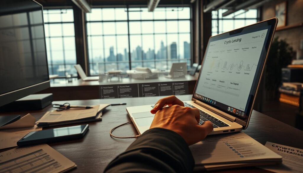 A dimly lit, industrial-style workspace with a desktop computer, a smartphone, and various financial documents scattered across the surface. In the foreground, a person's hands are engaged in navigating a cryptocurrency lending platform's interface on the laptop screen, fingers gliding over the keys. The middle ground features a visual timeline or step-by-step guide, illustrating the key stages of the crypto lending process, with icons and infographic-style elements. The background showcases a cityscape through a large window, hinting at the global nature of the crypto ecosystem. The scene is bathed in a warm, amber-tinged lighting, creating a contemplative and focused atmosphere.
