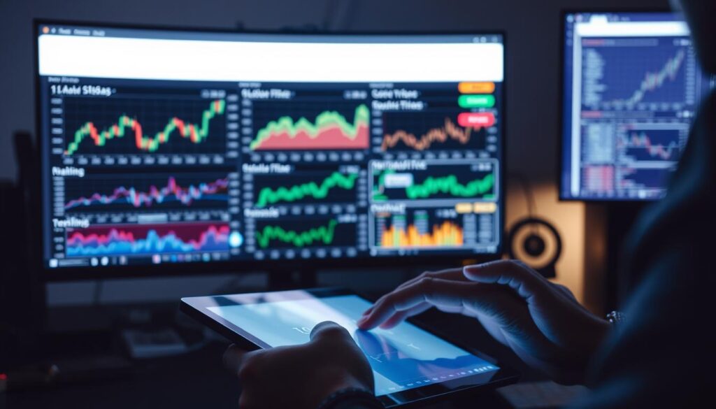 A dimly lit office space, with a computer monitor displaying various cryptocurrency charts and analytics. In the foreground, a person's hands thoughtfully manipulate a tablet, exploring low-fee methods for converting digital assets to fiat currency. The background is illuminated by the soft glow of the screens, creating an atmosphere of contemplation and financial decision-making. The scene is captured with a medium-wide angle lens, emphasizing the focus on the task at hand and the importance of careful consideration when navigating the complexities of crypto liquidation.