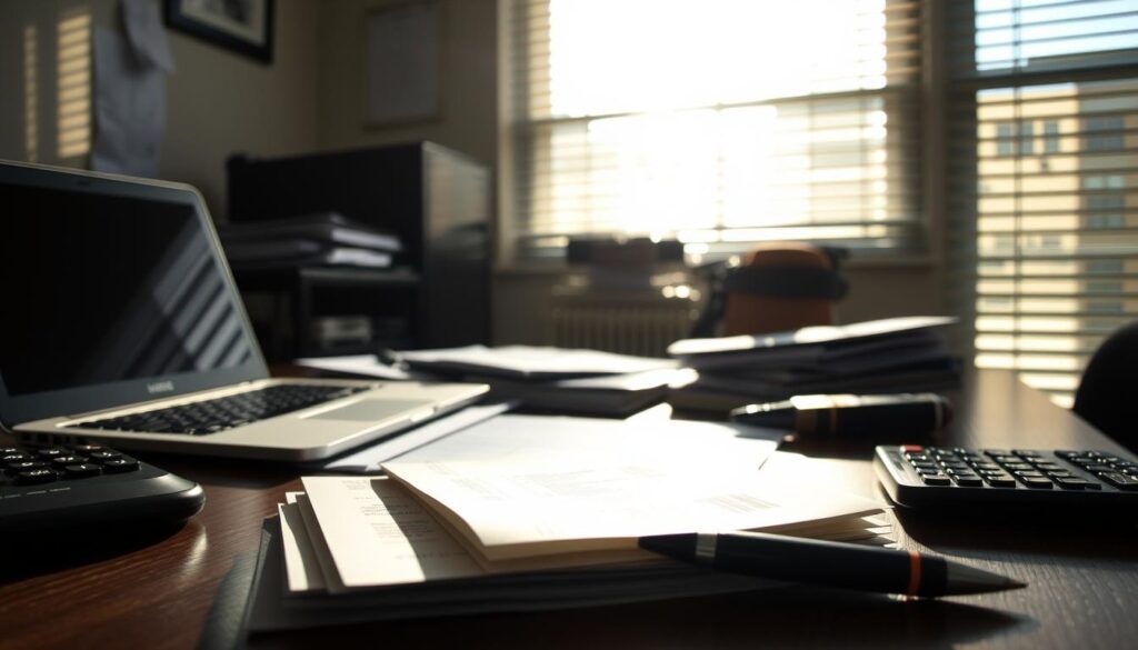 A dimly lit office workspace, the desktop cluttered with a laptop, documents, and a calculator. Sunlight filters in through the blinds, casting soft shadows across the scene. In the foreground, a stack of receipts and a pen rest on the desk, hinting at the tedious task of recording and reporting income. The mood is one of diligent focus, as the image conveys the meticulous work required to properly account for "ordinary income" from cryptocurrency transactions.