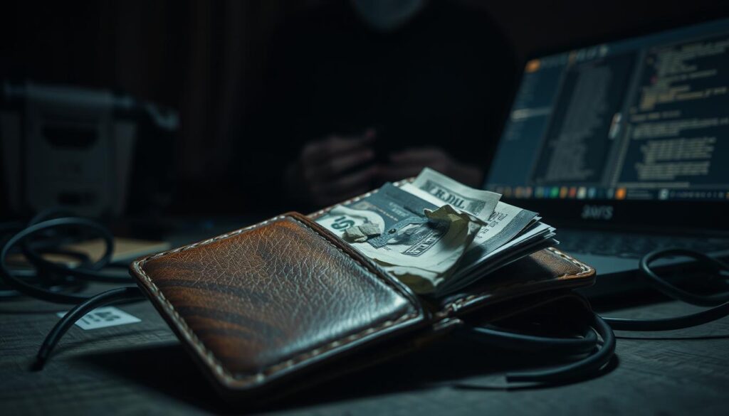 A dimly lit scene of a worn leather wallet, partially open, revealing its contents - a few crumpled bills, expired cards, and a shadowy figure lurking in the background, hinting at the risks of digital vulnerability. The wallet rests on a cluttered desk, surrounded by ominous-looking computer cables and a glowing laptop screen, casting an eerie glow. The composition is tightly framed, creating a sense of claustrophobia and unease, highlighting the importance of secure web3 wallet practices in the face of ever-present cyberthreats.