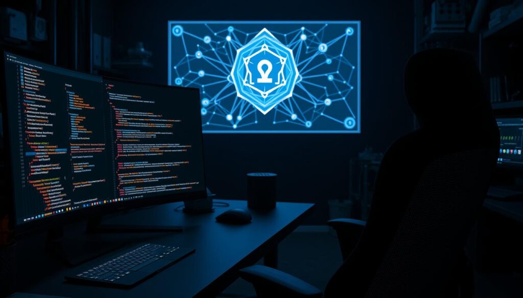 A dimly lit software development workstation, featuring a sleek metallic desk, a modern ergonomic chair, and a high-resolution display showcasing intricate smart contract code. The foreground is dominated by a code editor with syntax highlighting, emphasizing best practices such as input validation, access control, and error handling. In the middle ground, a holographic projection depicts a secure blockchain network, its nodes interconnected by glowing lines. The background is shrouded in a moody, industrial atmosphere, with hints of circuit boards and cybersecurity elements, conveying the importance of robust smart contract security.