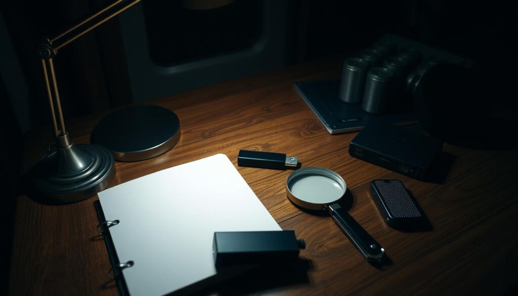A dimly lit study, illuminated by the soft glow of a desk lamp. On the wooden table, various recovery methods are displayed - a notebook, a magnifying glass, a USB drive, and a cryptographic hardware wallet. The scene has a pensive, thoughtful atmosphere, evoking the process of recovering lost digital assets. The lighting is carefully crafted, casting shadows that add depth and dimension to the composition. The angle is slightly elevated, giving the viewer a sense of observing the scene from above. The overall mood is one of focus, determination, and the pursuit of a solution to a complex problem.