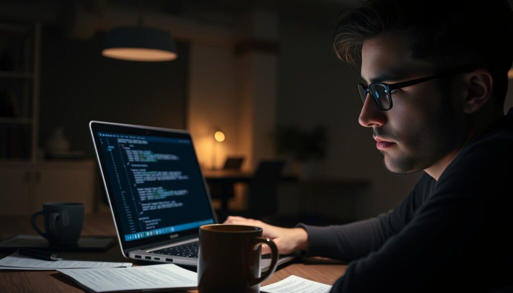 A dimly lit workspace, a laptop screen illuminating the face of a focused developer. On the desk, an open laptop displays lines of code, surrounded by technical documentation and a mug of coffee. In the background, a sleek, modern office environment with minimalist decor and clean lines. The lighting is soft and warm, casting a contemplative atmosphere. The developer's expression is one of deep concentration as they navigate the intricacies of the Truffle framework configuration, expertly managing the technical details required to build a robust blockchain application from scratch.