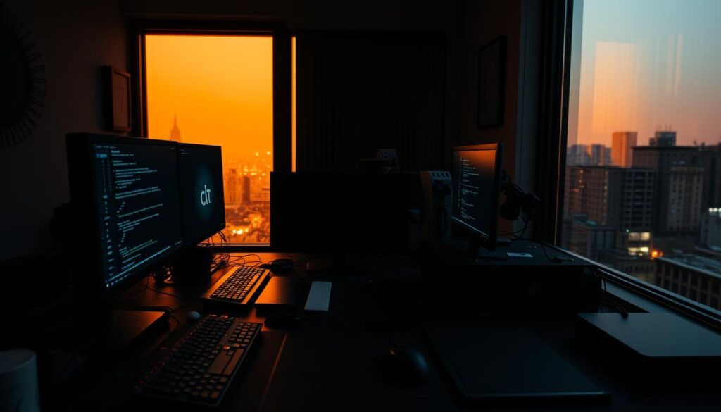 A dimly lit workspace, illuminated by the soft glow of multiple computer monitors. On the desk, an array of programming tools - keyboards, mice, graphics tablets, and a tangle of wires. In the background, a large window overlooks a cityscape, casting a warm, natural light. The atmosphere is focused and contemplative, conveying the creative process of generative art programming. The scene is captured with a cinematic, slightly wide-angle lens, emphasizing the technical components and the thoughtful, methodical nature of the work.