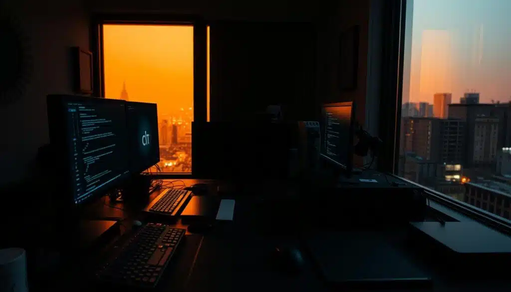A dimly lit workspace, illuminated by the soft glow of multiple computer monitors. On the desk, an array of programming tools - keyboards, mice, graphics tablets, and a tangle of wires. In the background, a large window overlooks a cityscape, casting a warm, natural light. The atmosphere is focused and contemplative, conveying the creative process of generative art programming. The scene is captured with a cinematic, slightly wide-angle lens, emphasizing the technical components and the thoughtful, methodical nature of the work.