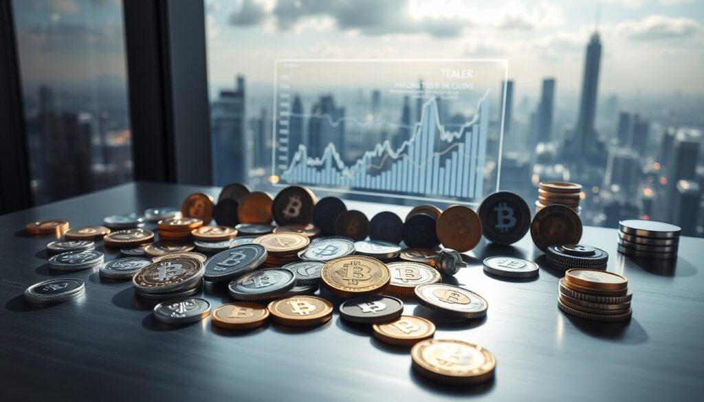 A diverse cryptocurrency portfolio arranged on a sleek, metal surface. In the foreground, various digital coins and tokens cast dynamic shadows, conveying the dynamism of the crypto market. The middle ground features a holographic display showing charts and graphs, illustrating the analytical tools used to optimize the portfolio. The background depicts a futuristic cityscape, hinting at the global reach and technological advancements shaping the crypto ecosystem. Soft, directional lighting illuminates the scene, creating a sense of professionalism and innovation. The overall mood is one of strategic control, financial acumen, and technological prowess.