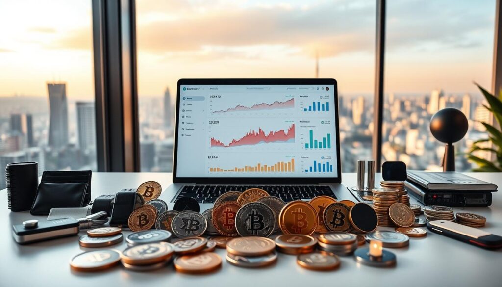 A diverse cryptocurrency portfolio displayed on a minimalist desk setup. In the foreground, various digital wallets, hardware devices, and exchange platforms are artfully arranged, representing the different investment vehicles. The middle ground features a sleek laptop displaying a portfolio tracking dashboard, with charts and graphs illustrating the diversification strategy. In the background, a serene cityscape is visible through a large window, bathed in warm, natural lighting, conveying a sense of stability and security. The overall composition suggests a thoughtful, well-considered approach to managing cryptocurrency investment risks.