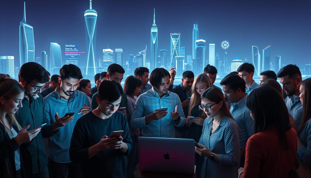 A diverse group of staking users gathered in a modern digital landscape. In the foreground, a mix of individuals intently studying their smartphone screens, laptops, and cryptocurrency wallets, their faces illuminated by the soft glow of their devices. In the middle ground, a cluster of users deep in discussion, gesturing animatedly as they compare staking yields and portfolio strategies. The background is a futuristic cityscape, with towering skyscrapers and holographic displays casting an ethereal, technological ambiance. Soft, directional lighting highlights the users' expressions of focus and determination, creating a sense of purpose and anticipation. The overall scene conveys the growing enthusiasm and engagement of U.S. users in the evolving world of cryptocurrency staking.
