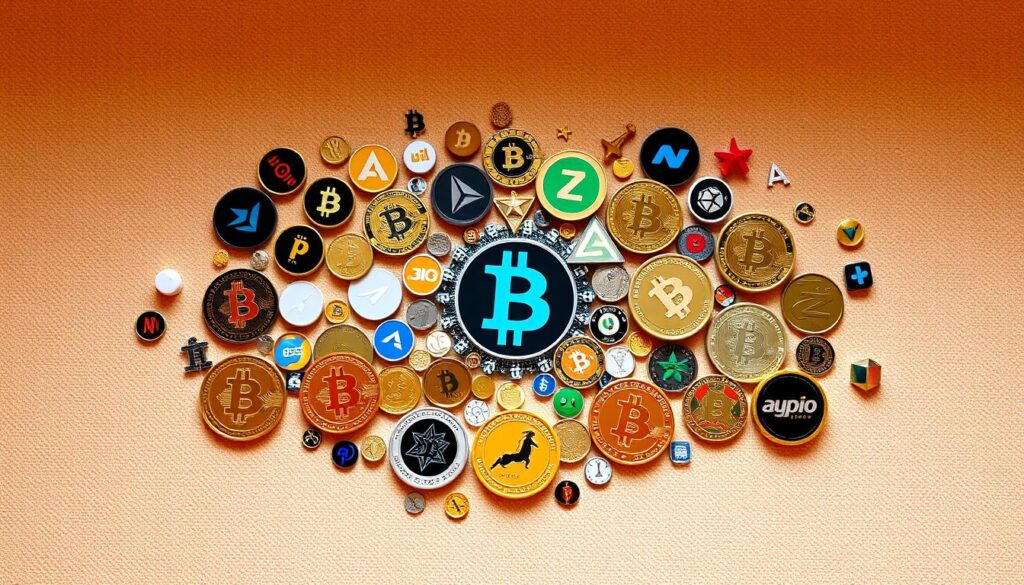 A diversified cryptocurrency portfolio with a mix of digital coins, tokens, and smart contract platforms, arranged in a visually compelling layout. A central focal point showcases the key crypto assets, surrounded by a dynamic array of smaller icons and symbols. Warm, diffused lighting creates a sense of depth and dimension, while a neutral, textured background provides a clean, uncluttered canvas. The overall composition conveys a sense of balance, harmony, and the importance of diversification in the ever-evolving world of cryptocurrency investments.