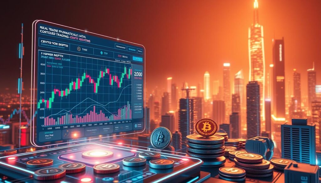 A dynamic 3D visualization of crypto trading fundamentals, captured in a cinematic wide-angle view. In the foreground, a captivating holographic interface displays real-time market data, candlestick charts, and order book depth. The midground features detailed 3D models of various cryptocurrencies, rotating and pulsing with energy. The background showcases a futuristic cityscape, bathed in a warm, cyberpunk-inspired lighting that creates a sense of technological sophistication. The scene conveys the complexity and immersive nature of crypto trading, inviting the viewer to delve deeper into this evolving financial landscape.