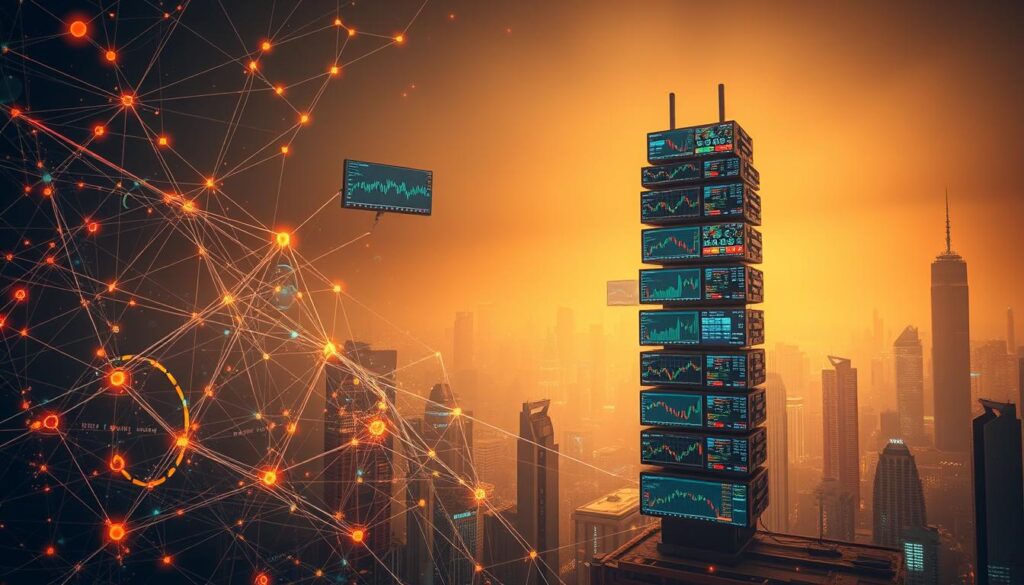 A dynamic and complex landscape of automated trading strategies, with algorithms and data streams intertwining in a captivating dance. In the foreground, a network of interconnected nodes and lines pulsing with real-time market information, guiding the decisions of AI-powered trading agents. In the middle ground, a towering stack of computer monitors, each displaying a diverse array of charts, graphs, and analytics dashboards, illuminating the intricate workings of these intelligent trading systems. The background is shrouded in a hazy, futuristic cityscape, suggesting the far-reaching impact of these cutting-edge technologies on global financial markets. The entire scene is bathed in a warm, subdued lighting, conveying a sense of efficiency, precision, and the relentless pursuit of market optimization.