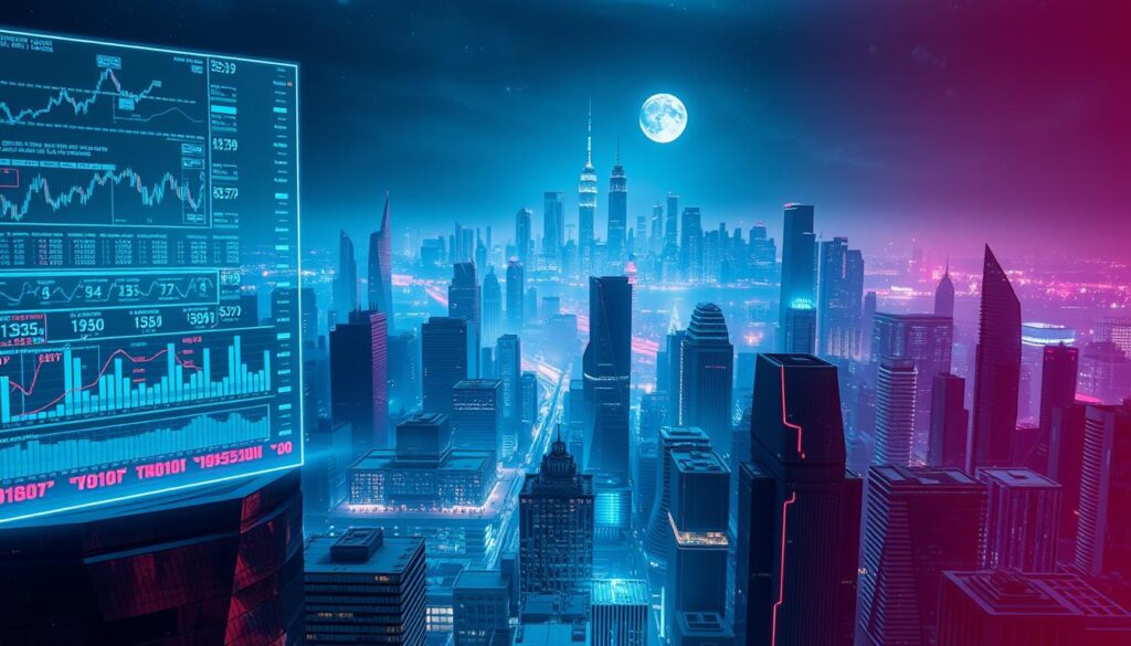 A dynamic and futuristic cityscape, bathed in a cool, neon-tinged lighting. In the foreground, a holographic display showcases a complex network of financial data, charts, and algorithmic trading strategies. Amidst the urban landscape, clusters of sleek, angular buildings with reflective glass facades suggest a hub of technological innovation. In the middle ground, a hazy, atmospheric perspective reveals interconnected servers and data centers, pulsing with the rhythmic flow of automated trading systems. The background is a towering skyline, punctuated by towering skyscrapers and a starry, moonlit sky, creating a sense of scale and grandeur. The overall scene conveys a sense of the power, precision, and intricate nature of automated trading strategies, poised to navigate the ever-evolving financial markets.