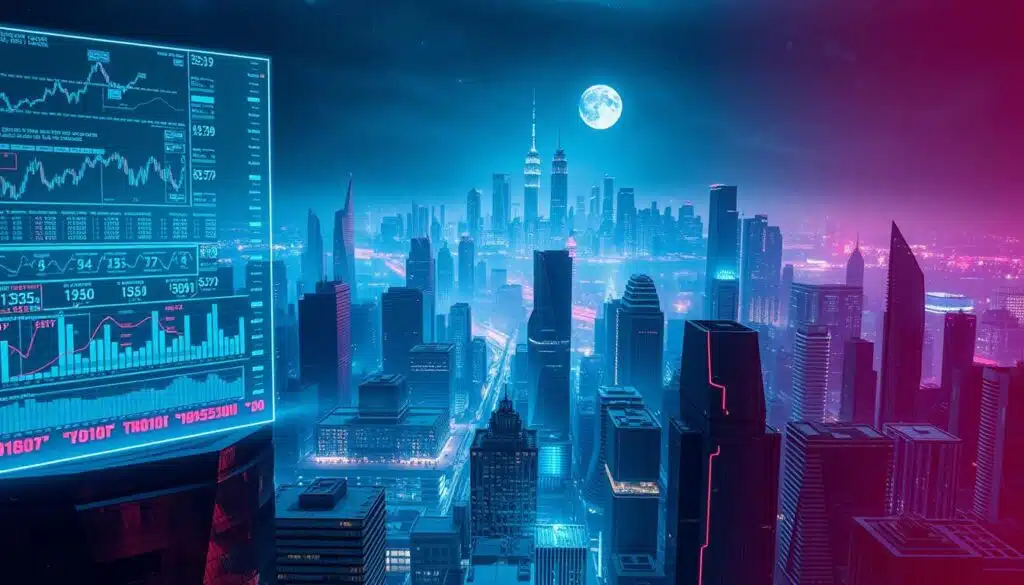 A dynamic and futuristic cityscape, bathed in a cool, neon-tinged lighting. In the foreground, a holographic display showcases a complex network of financial data, charts, and algorithmic trading strategies. Amidst the urban landscape, clusters of sleek, angular buildings with reflective glass facades suggest a hub of technological innovation. In the middle ground, a hazy, atmospheric perspective reveals interconnected servers and data centers, pulsing with the rhythmic flow of automated trading systems. The background is a towering skyline, punctuated by towering skyscrapers and a starry, moonlit sky, creating a sense of scale and grandeur. The overall scene conveys a sense of the power, precision, and intricate nature of automated trading strategies, poised to navigate the ever-evolving financial markets.