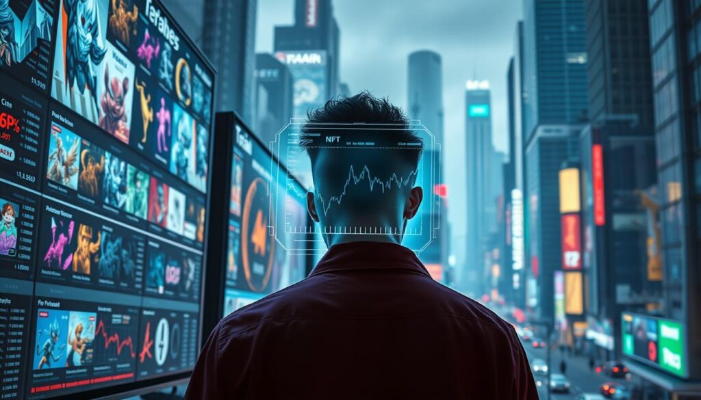 A dynamic and vibrant NFT marketplace, with colorful digital artworks displayed on sleek futuristic screens. In the foreground, a trader intently monitors the fluctuating prices and trading volume, their expression a mix of concentration and anticipation. The middle ground features a holographic interface showcasing real-time market data and analytics, guiding savvy investors on the optimal timing to buy and sell their NFT assets. The background depicts a bustling cityscape of towering skyscrapers and neon-lit streets, reflecting the fast-paced nature of the digital economy. Dramatic lighting and a moody, tech-inspired color palette create an atmosphere of high-stakes excitement and potential profit.