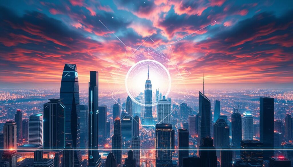 A dynamic and visually striking AI blockchain integration landscape. In the foreground, a futuristic cityscape with towering skyscrapers and gleaming metropolises, symbolizing the integration of AI and blockchain technologies. In the middle ground, abstract geometric shapes and lines representing the interconnectedness of data, transactions, and intelligent systems. The background features a vast, expansive sky with a kaleidoscope of colors, hinting at the boundless potential and transformative power of this convergence. Lighting is dramatic, with a mix of warm and cool tones, creating a sense of technological sophistication and innovation. The overall composition conveys a sense of progress, innovation, and the dawn of a new era where AI and blockchain seamlessly converge to unlock unprecedented possibilities.