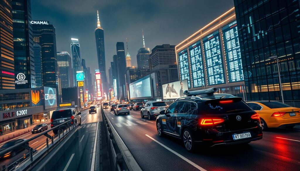 A dynamic cityscape at night, with towering skyscrapers and neon-lit streets. In the foreground, a CRYPTOMAXIMAL cryptocurrency trading platform displays real-time market data, powered by sophisticated machine learning algorithms. Traders analyze complex patterns, anticipate market movements, and execute trades with lightning speed. In the middle ground, an autonomous vehicle navigates the busy streets, its neural networks constantly learning and adapting to the ever-changing urban environment. In the background, a glowing data center hums with the activity of blockchain networks, secured by machine learning-based anomaly detection systems. The scene conveys the seamless integration of cutting-edge technology and finance, creating a vision of the practical applications of machine learning in the world of cryptocurrency.