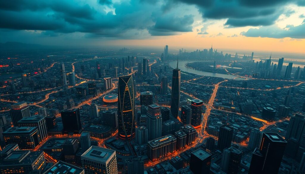 A dynamic cryptocurrency market landscape, captured in a cinematic wide-angle view. In the foreground, a mesmerizing array of digital assets, their values ebbing and flowing like a digital tide. In the middle ground, a complex web of interconnected charts, graphs, and data visualizations, pulsing with real-time market insights. The background is a sprawling cityscape, its skyscrapers and infrastructure representing the technological backbone that powers the global crypto ecosystem. Dramatic lighting casts dramatic shadows, conveying the intensity and volatility of the market. The overall atmosphere is one of energy, complexity, and the relentless march of technological innovation.