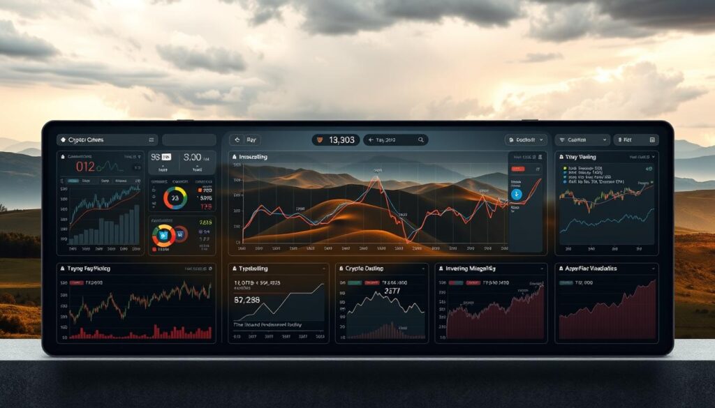 A dynamic, data-driven 90-day crypto action plan displayed on a sleek, minimalist dashboard. In the foreground, a grid of interactive charts and graphs tracking key market indicators and investment metrics. In the middle ground, a central timeline annotating strategic entry and exit points based on technical and fundamental analysis. The background features a dramatic, cinematic landscape of rolling hills and stormy skies, symbolizing the volatility and opportunity inherent in the crypto markets. Precise, high-resolution rendering with a crisp, clean aesthetic and warm, balanced lighting to convey a sense of purposeful, analytical control over the chaotic world of cryptocurrency trading.