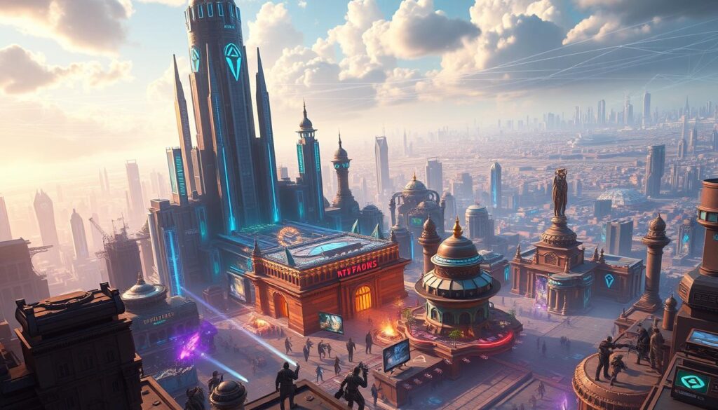 A dynamic, futuristic cityscape with a towering, holographic skyline. In the foreground, a bustling hub of virtual gaming activities - avatars engaged in intense battles, trading digital assets, and exploring immersive environments. The middle ground features a thriving marketplace, where digital land parcels and non-fungible tokens (NFTs) are being auctioned off to the highest bidder. In the background, a vast, interconnected metaverse landscape, pulsing with energy and innovation, showcasing the transformative impact of NFTs on the gaming economy. Vibrant colors, dynamic lighting, and a sense of technological advancement permeate the scene, evoking the boundless potential of this new digital frontier.