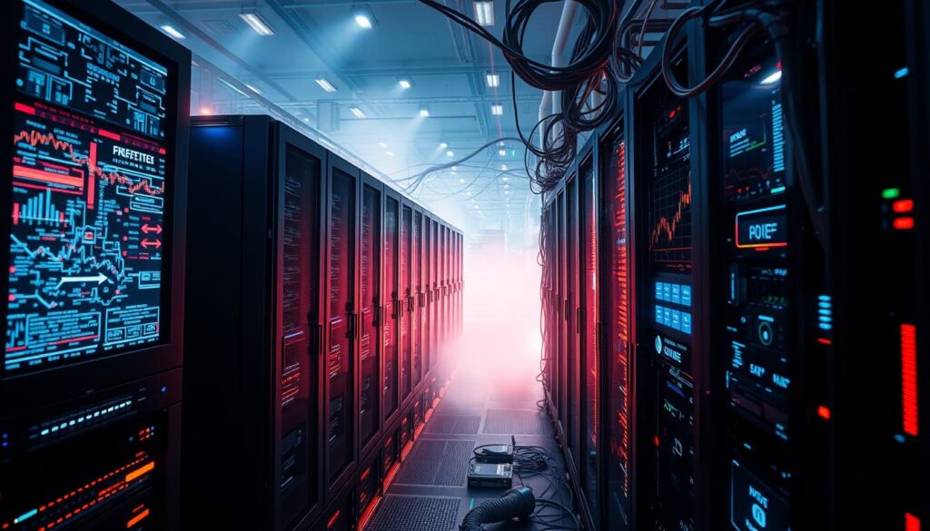 A dynamic, high-contrast scene showcasing the inner workings of a high-frequency trading system. In the foreground, sleek servers and data cables hum with activity, bathed in the glow of holographic displays. Intricate algorithms and trading models dance across the screens, their complex patterns reflecting off the glossy surfaces. In the middle ground, a network of interconnected trading platforms and exchanges, each pulsing with real-time market data. The background is shrouded in an atmospheric haze, suggesting the vast scale and complexity of the global financial landscape. A sense of speed, precision, and technological prowess permeates the entire scene, capturing the essence of AI-driven crypto market making.