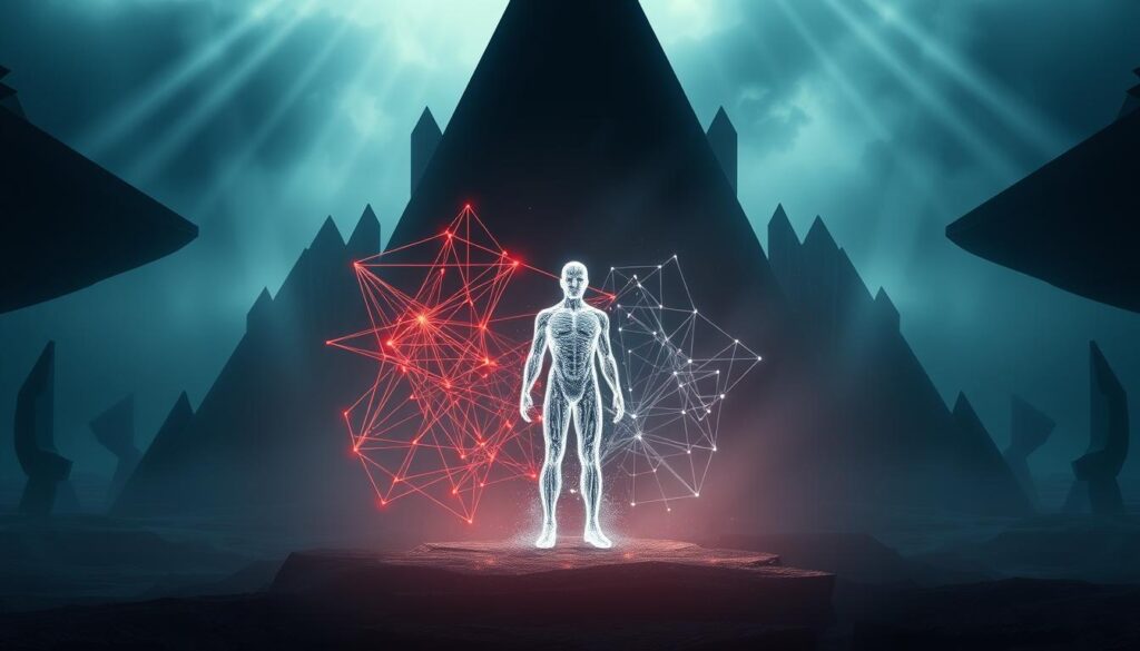 A dynamic illustration of interactive and non-interactive zero-knowledge proof systems. In the foreground, an abstract figure representing an interactive ZKP protocol, with intricate geometric shapes and lines pulsing and interacting in real-time. In the middle ground, a static figure symbolizing a non-interactive ZKP, its components frozen in place, yet still conveying a sense of complexity. The background features a moody, ethereal landscape with hazy, futuristic architecture, suggesting the technological and cryptographic nature of these privacy-preserving protocols. Dramatic lighting from multiple angles casts deep shadows and highlights the contrast between the dynamic and static elements, creating a visually striking and conceptually cohesive image.